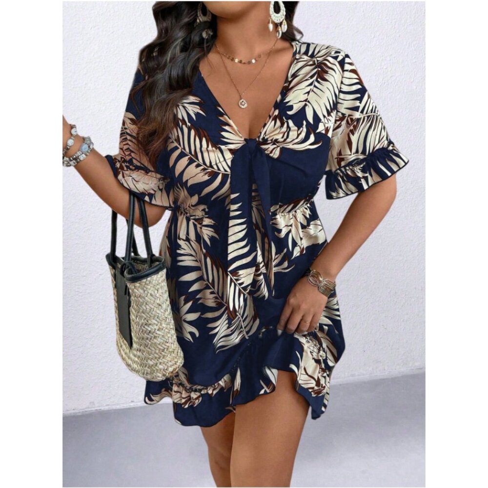 NEW Shein Holidaya Plus Floral Print Tie Front Plunging Neck Dress Navy Blue 0XL